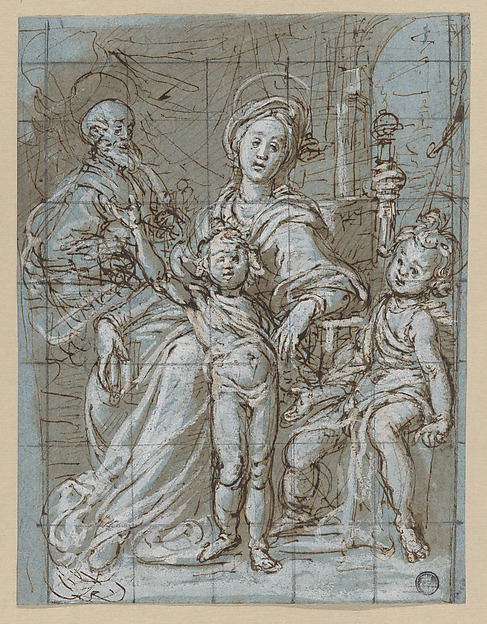 Holy Family with the Infant St. John the Baptist (recto); large-scale cropped sketches of draperies and legs (verso) by Gregorio Pagani