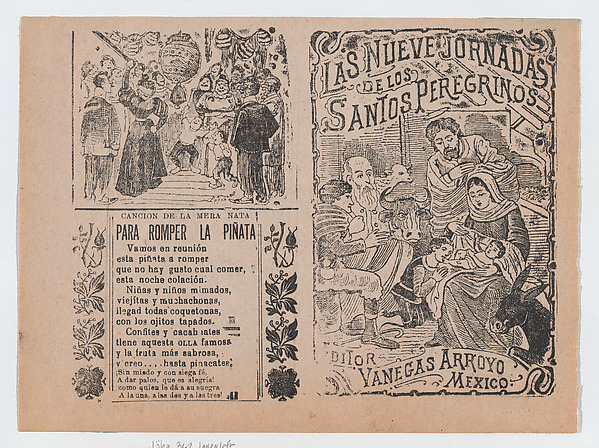 Two advertisments printed on the same sheet for materials published by Vanegas Arroyo, the one at left has verses to accompany breaking a piñata and at right, concerning religious pilgrims with an image of the Nativity by José Guadalupe Posada