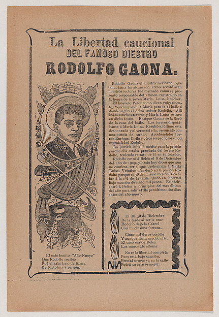 Broadsheet relating to the skillful bullfighter Rodolfo Gaona