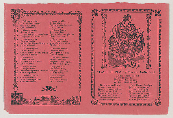 A broadsheet with a popular song  'La China' on the recto, on the verso the dance of 'Cuba Libre'