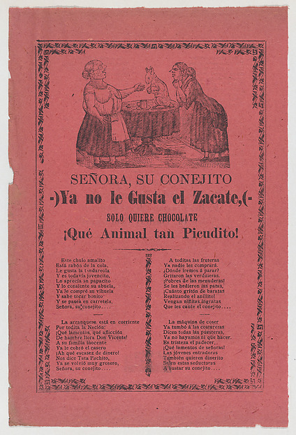 Broadsheet relating to the rabbit that does not like hay but only chocolate, a corrida (ballad) in the bottom section