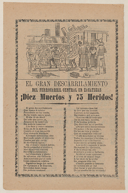 Broadsheet relating to a train that derailed in Zacatecas on 18 April 1904, a description in the bottom section continuing on verso after which the words to a song