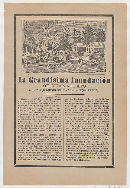 Broadsheet relating to the great flood of Guanajuato on 30 June 1905, a description in the bottom section