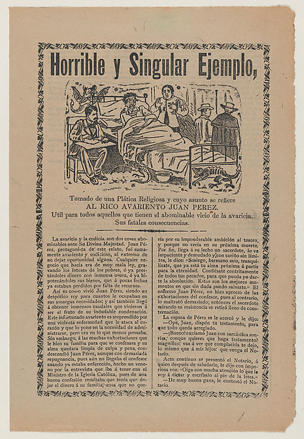 Broadsheet relating to the greed of Juan Pérez and his ill-gotten financial gains through dishonesty and swindling the church, a description in the bottom section continuing on verso