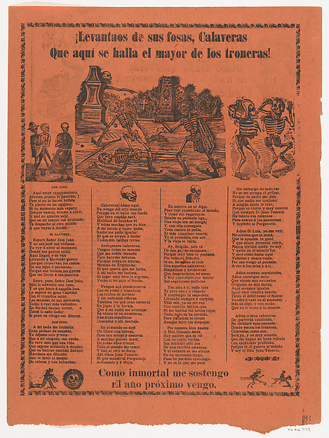 Broadsheet relating to skeletons rising from their graves, two skeletons duelling with swords