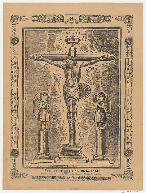 Broadsheet with Christ in the cross flanked by two angels by Anonymous
