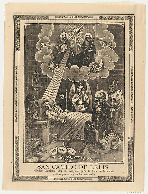 Broadsheet with Saint Camilo de Lelis in bed surrounded by demons, priests and the Holy Trinity above by Anonymous