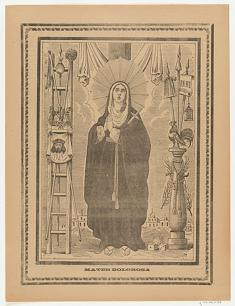Broadsheet with the Virgin of Sorrows, flanked by instruments on the Passion by Anonymous
