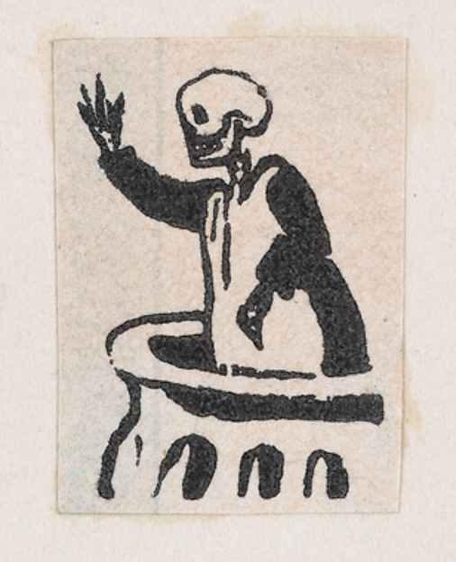 Skeleton standing in a pulpit, from a broaside entitled 'De este famoso hipodromo en la pista, no faltara ni un solo periodista', published by Antonio Vanegas Arroyo.