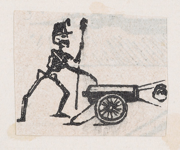 Skeleton firing a canon, from a broaside entitled 'De este famoso hipodromo en la pista, no faltara ni un solo periodista', published by Antonio Vanegas Arroyo.