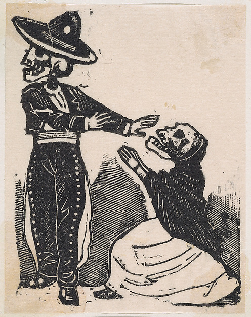 A skeleton in a torero costume turning away from a kneeling skeleton in a shawl and dress, from the broadside entitled, 'El Gran Panteon Amoroso,' published by Antonio Vanegas Arroyo.