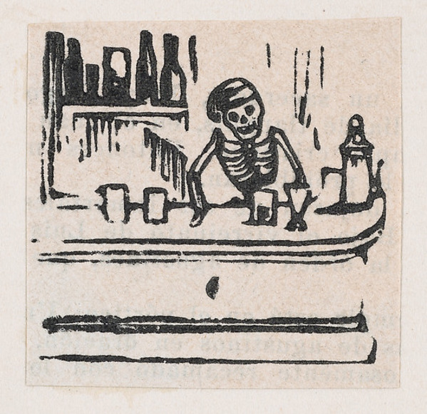 A skeleton serving alcohol, from a broadside enitled 'Medicinas de Patente de mas Fama'