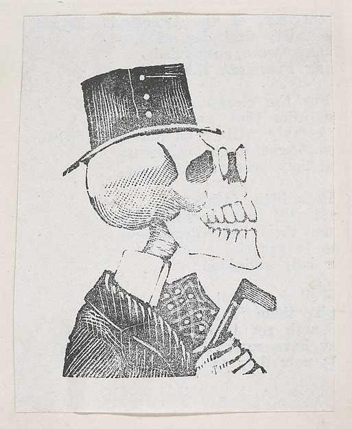 A profile of a skeleton with a tophat, a coat, and glasses, from a broaside entitled 'La Calavera de Cupido', published by Antonio Vanegas Arroyo.