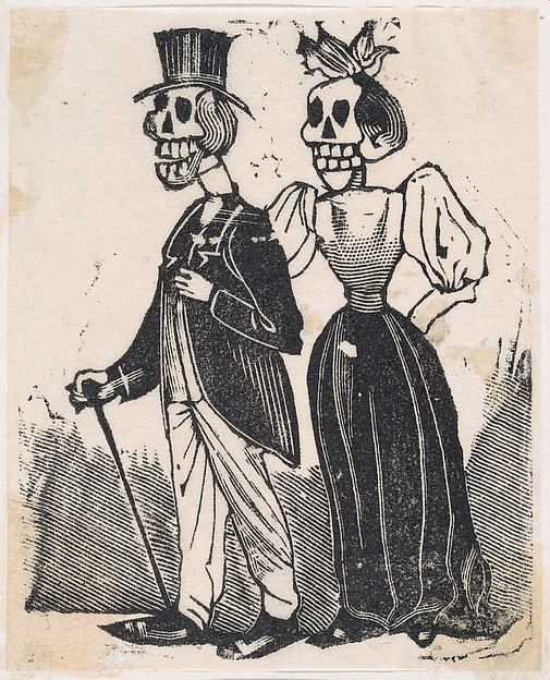 Two elegantly dressed skeletons walking, from a broadside entitled, 'El Gran Panteon Amoroso,' published by Antonio Vanegas Arroyo.