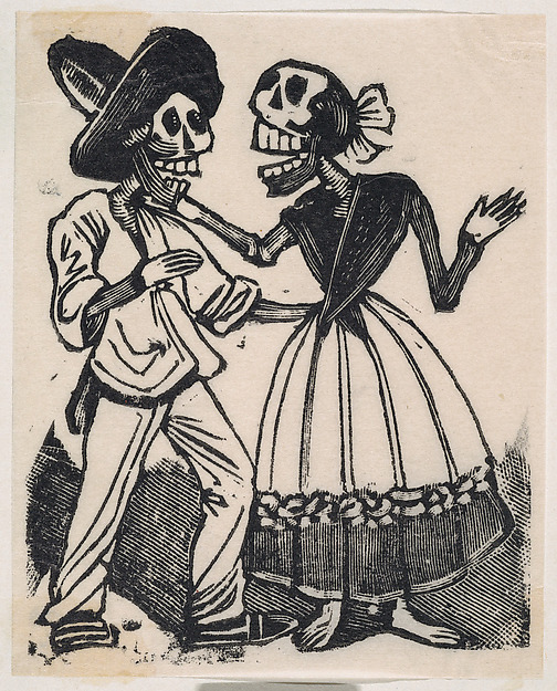 A skeleton in farming clothes speaking to a skeleton in a dress, from a broaside entitled 'La Calavera de Cupido', published by Antonio Vanegas Arroyo.