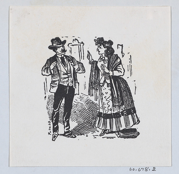 A woman wagging her finger at a man with his hands raised