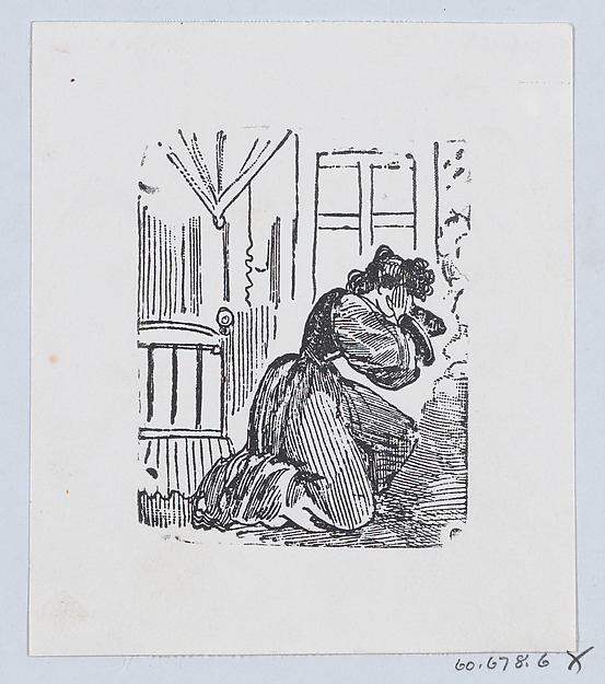 A woman in her bedroom kneeling on the floor with her hands raised to her head