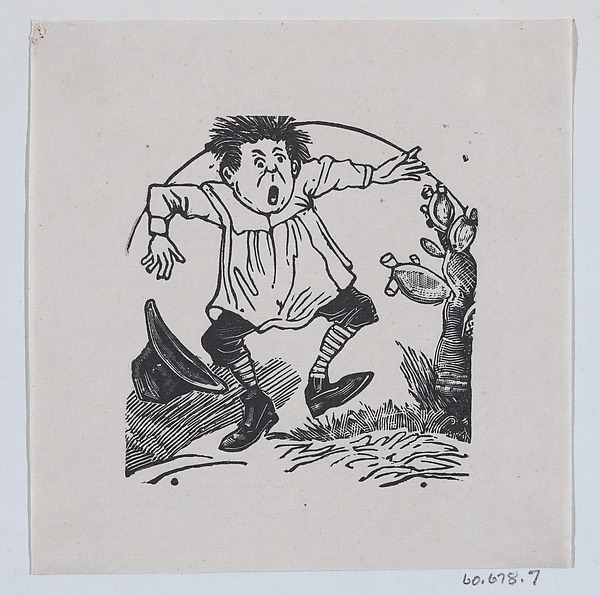 A man jumping up after pricking his finger on a cactus