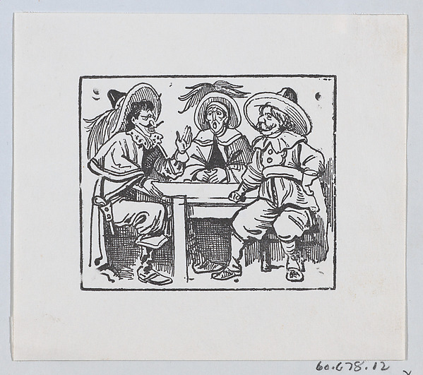 Three men wearing large hats and capes sitting at a table and talking