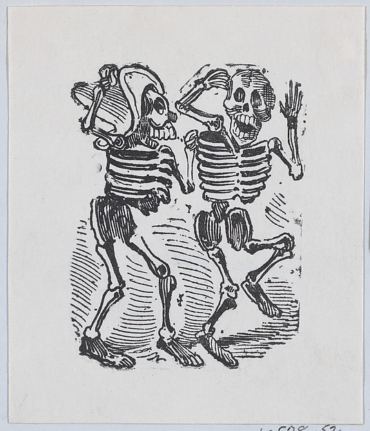 Two skeletons smiling and dancing