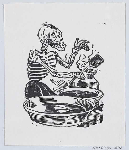 A skeleton selling hot liquid in basins, from a broadside entitled 'Una Calavera Chusca'