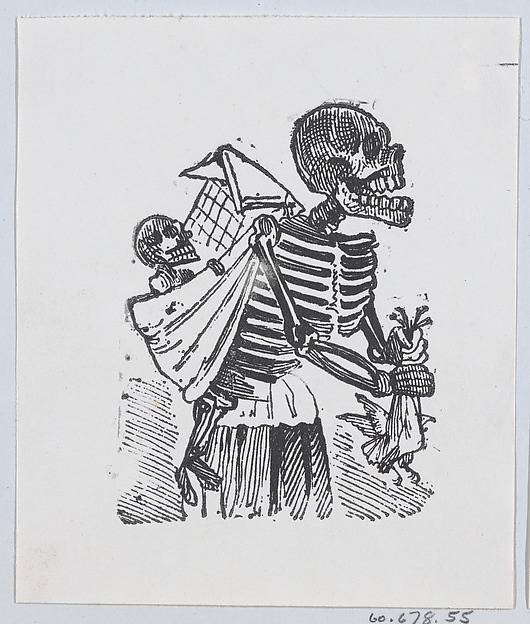 A skeleton picking crops in a field while carrying a baby skeleton on her back