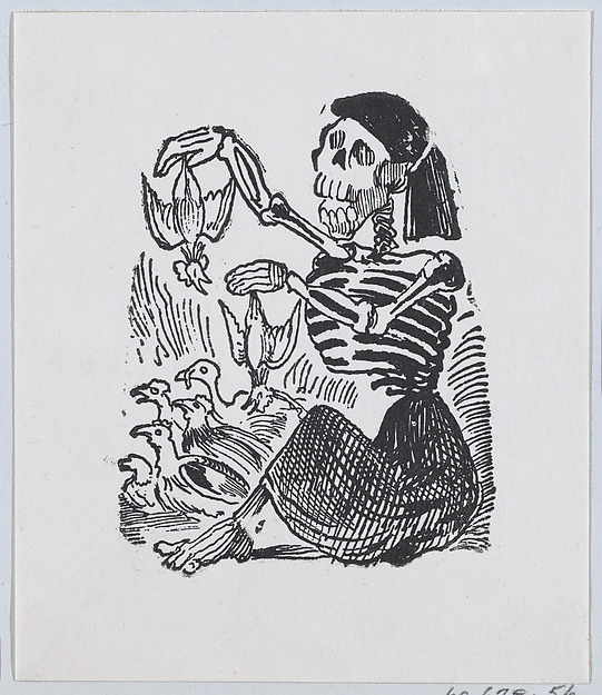 A skeleton selling plucked chickens from a broadside entitled 'Una Calavera Chusca'