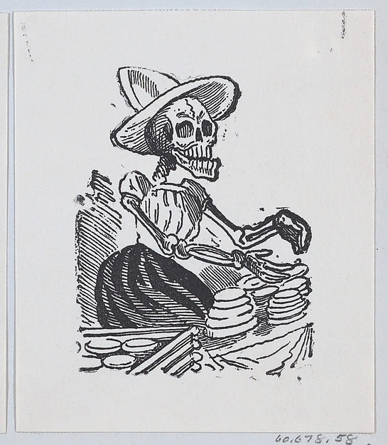 A skeleton selling cheese from a broadside entitled 'Una Calavera Chusca'