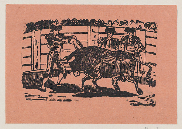 A torero placing banderillas into the bull's shoulders while two men stand behind the bull