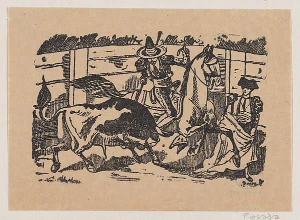 A picador on horseback stabbing a bull