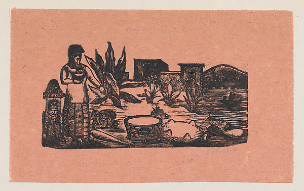 A woman standing in the countryside pointing to a tub of water