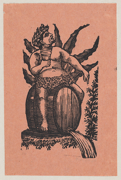 Bacchus astride a wine barrel