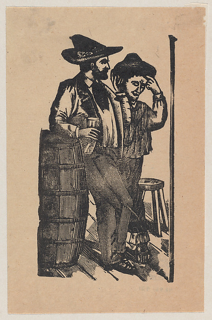 Two men leaning on a barrel and drinking