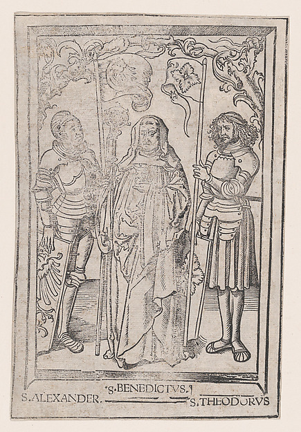 Saints Alexander and Theodore flanking Saint Benedict