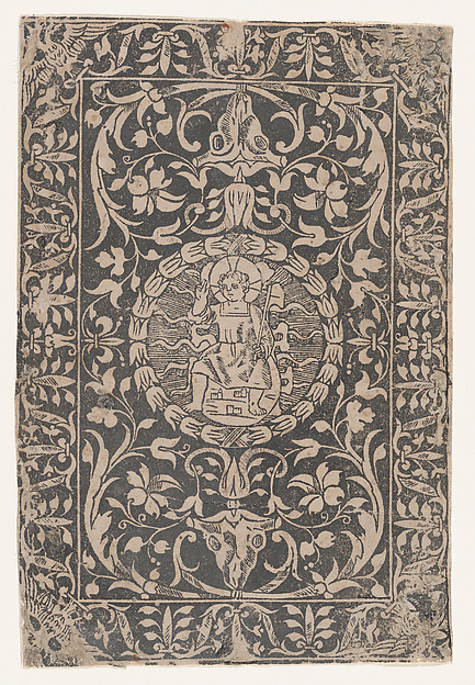 Christ as a child, seated, right hand raised in gesture of blessing, surrounded by elaborate ornament by Anonymous, Italian, 15th to 16th century