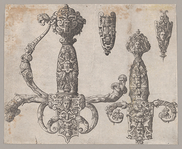 Sheet with Four Designs for Relief Decorations on Arms: Two Large Hilts for a Sword and a Dagger, and  the Ornaments for the Tips of the Sheaths