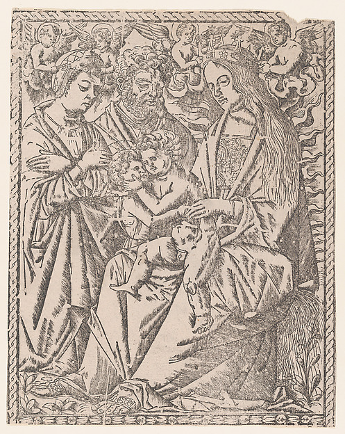 Saint John the Baptist embracing the Christ Child who sits on the Virgin's knee, she is being crowned by angels, other saints at left by Anonymous, Italian, 16th century