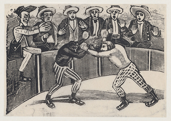 Don Chepito witnessing a boxing match between two men (one black, the other white)