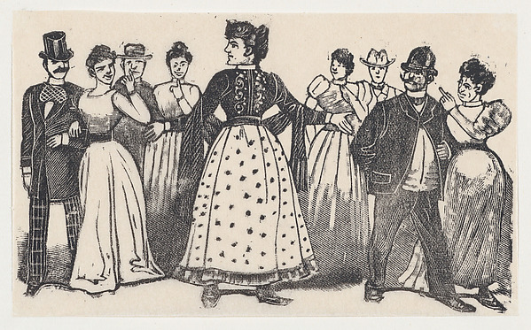 A woman with her ams open surrounded by figures in elegant dress