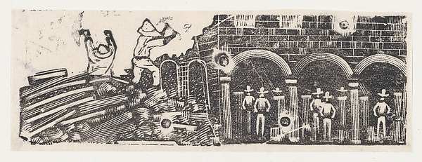 A pair of workers atop a pile of rubble and other workers watching them