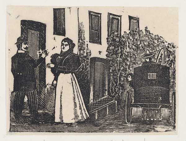 A middle-class couple (Maria la chiquita) outside a house with a waiting coach