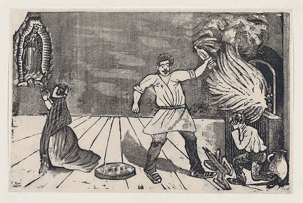 Woman praying to the Virgin of Guadalupe as her husband rages by José Guadalupe Posada