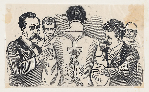 A group of men looking at a man's back with an image of the Crucifixion by José Guadalupe Posada
