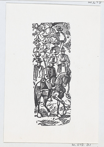 A group of men following a soldier on horseback with a sword