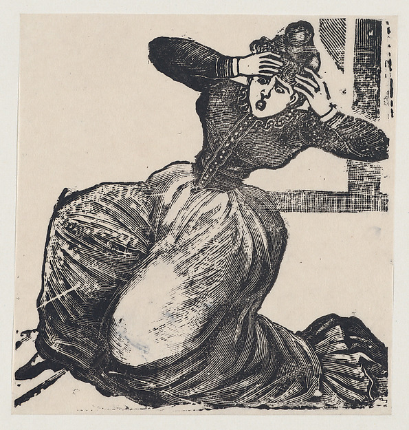 A gasping woman on the ground with her hands raised to her head, from a broadside entitled 'Gaceta Callejera'