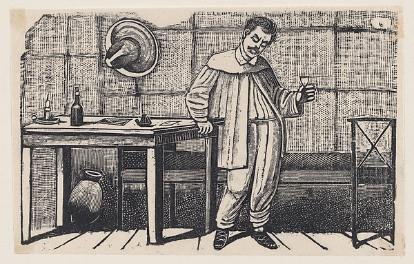 A man with a glass in his hand looking downwards and leaning on a table, an illustration from 'El huérfano'
