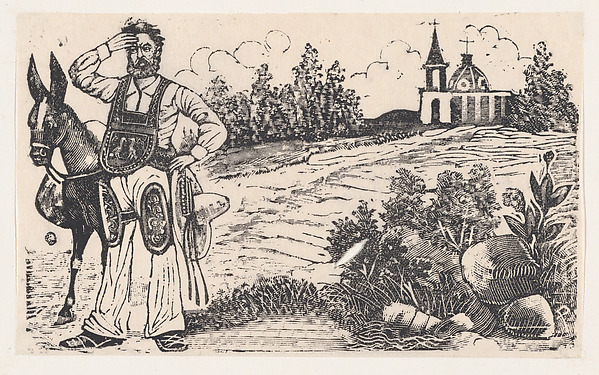 A drover and a mule standing on a road with a church in the background