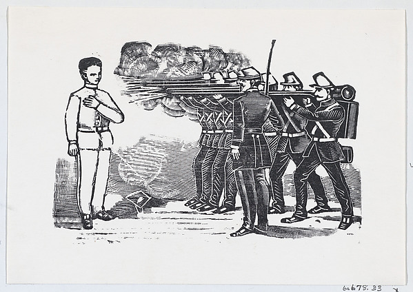 Firing squad shooting a man with his left hand on his chest