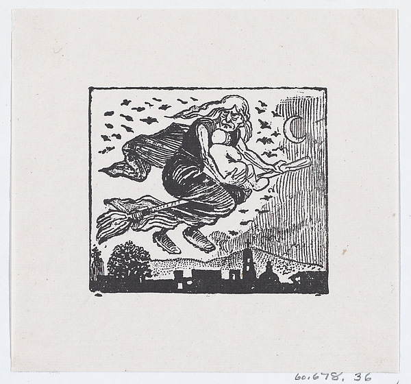 A witch carrying a child on her broom