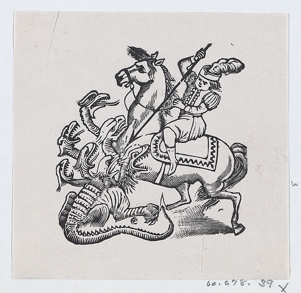 A man on horseback stabbing a monster with a lance, illustration from 'The King and His Three Sons'